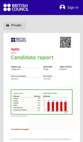 CERTIFIKAT GJUHA  APTIS DGT b2